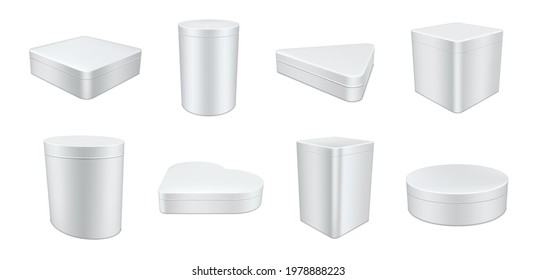 Realistic 3d tin boxes collection vector illustration. Set containers templates of different shapes isolated on white. Aluminum package for storage or carrying food, household things or gift packaging