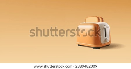 Realistic 3D toaster with bread. Banner in brown colors for home cooking breakfast design concepts, kitchen appliances, fresh delicious toasted bread.