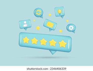 Realistic 3d tooltip UI with 5 golden stars. Speech bubble with light bulb, envelope, arrow, settings icon. Customer 3d quality reviews, user rating, feedback score. Vector glossy illustration