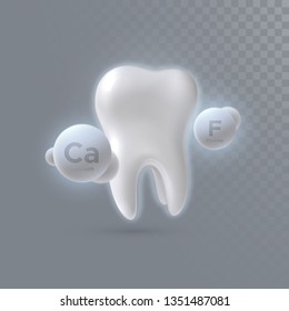 Realistic 3d tooth with calcium and fluorine particles isolated on transparent background. Vector dentistry illustration. Medical or healthcare concept. Whitening treatment. Teeth protection.