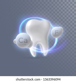 Dente 3d realista com partículas de cálcio e flúor isoladas em fundo transparente. Ilustração vetorial de odontologia. Conceito médico ou de saúde. Proteção de dentes. Elemento de design de anúncios de creme dental