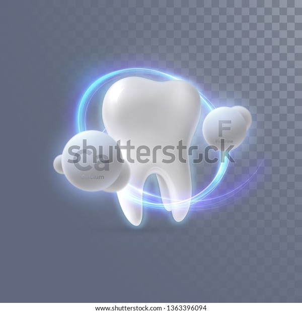 Realistic 3d tooth with calcium and fluorine\
particles isolated on transparent background. Vector dentistry\
illustration. Medical or healthcare concept. Teeth protection.\
Toothpaste ads design\
element