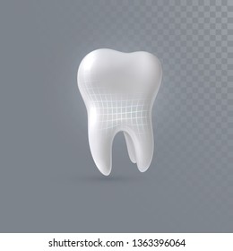 Realistic 3d tooth with shiny wireframe structure isolated on transparent background. Vector dentistry illustration. Medical or healthcare concept. Toothpaste ads poster design element