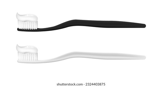 A realistic 3D toothbrush and toothpaste set isolated on a white background. This dental care vector image features a black and white toothbrush with bristles. For dental hygiene illustrations