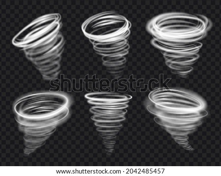 Realistic 3D tornado vortex, swirl hurricane wind effects. Dust or smoke storm twister. Disaster typhoon flow vector set. Natural disaster, stormy dangerous weather