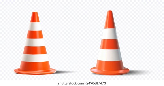 Realistic 3D Traffic Cones, Safety Equipment. Isolated Vector Orange and White Cones on Transparent Background, Symbolizing Road Safety and Construction for Creative Projects