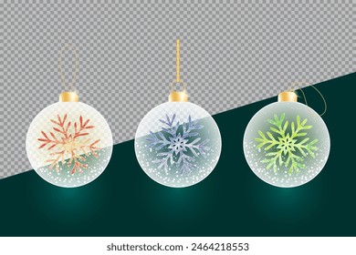 Realistic 3D transparent Christmas glass balls with glowing snowflakes inside