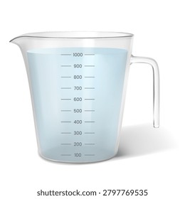 Realistic 3D transparent filled with water measuring cup 1000ml size. Full handle pitcher container with milliliter measure scale and pouring spout. Plastic beaker for kitchen cooking and laboratory