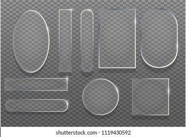Realistic 3d transparent glass set illustration. Reflection frame texture glossy banner with shadow. Shiny clear mockup template panel rectangle.