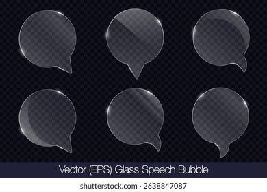 Realistic 3D transparent glass speech bubble in circle shape with glare, flat glass or plastic plate, flat transparent glass lens, realistic screen glass, window mockup