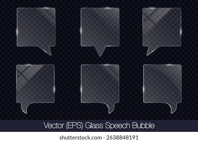 Realistic 3D transparent glass speech bubble in square shape with glare, flat glass or plastic plate, flat transparent glass lens, realistic screen glass, window mockup