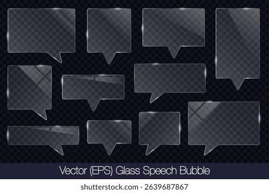 Realistic 3D transparent glass speech bubble in square and rectangle shape with glare, flat glass or plastic plate, flat transparent glass lens, realistic screen glass, window mockup