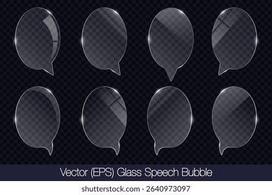 Realistic 3D transparent glass speech bubble in ellipse shape with glare, flat glass or plastic plate, flat transparent glass lens, realistic screen glass, window mockup