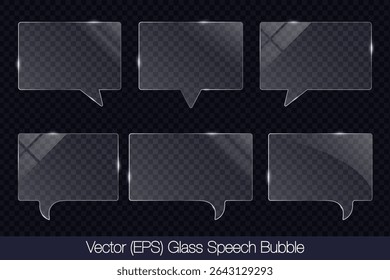 Realistic 3D transparent glass speech bubble in rectangle shape with glare, flat glass or plastic plate, flat transparent glass lens, realistic screen glass, window mockup