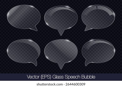 Realistic 3D transparent glass speech bubble in ellipse shape with glare, flat glass or plastic plate, flat transparent glass lens, realistic screen glass, window mockup