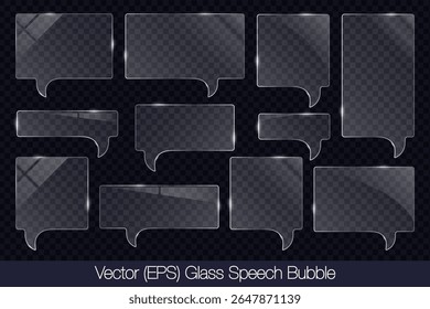 Realistic 3D transparent glass speech bubble in square and rectangle shape with glare, flat glass or plastic plate, flat transparent glass lens, realistic screen glass, window mockup