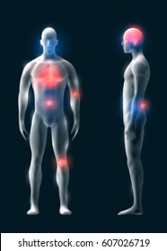 Realistic 3d transparent human body silhouette on black background with sparkling blue and red dots. Vector illustration. Front and side view.