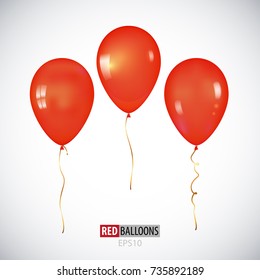Realistic 3D transparent red helium balloons isolated on white background. Set of balloons for your design.