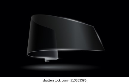 Realistic 3D transparent ribbon. Black glass texture banner. Template advertising banner on a black background.