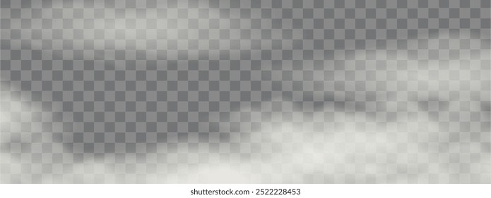 Realistische 3D transparente Vektorwolke aus Rauch oder Nebel. Nebel oder Wolke auf einzeln transparentem Himmelhintergrund. Rauch, Nebel, Wolken png. Staubdampfeffekt trüb