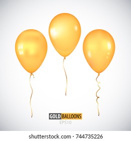 Realistic 3D transparent yellow helium balloons isolated on white background. Set of shiny balloons for your design.