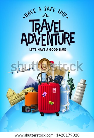 Realistic 3D Travel Adventure Tourism Poster with Traveling Car and other Item Elements Above the Globe Map with Famous World Landmarks and Tourist Destination. Vector Illustration
