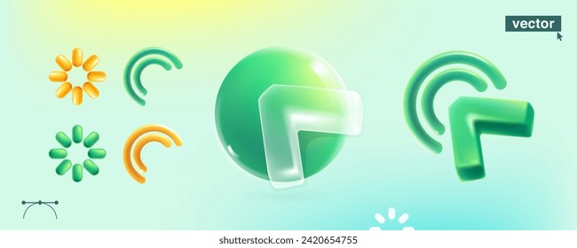 Realistischer 3D-Dreieck-Cursor, geladen Symbol und grüne Kugel im Glassmorphismus-Stil. Transparente Pfeilvorlage aus Kunststoff. UI-Set mit Glas-Overlay-Effekt. Vektorgrafik im Cartoon-Stil.