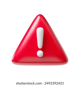 Realistic 3D triangul red alarm signal. Danger symbol. Vector illustration of exclamation mark. Tree dimensional rendering of hazard warning, danger warning. Red triangle isolated on background.