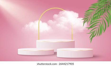 Realistic 3D tropical product display podium with soft sunlight, fluffy clouds and green palm leaves on pink background. Pedestal design for cosmetic branding or summer promotions. Vector.
