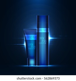 Realistic 3d tube of cream or gel with lens flare effect . Empty product mockup with reflection . Beautiful cosmetic ads . Brand presentation . Concept of packaging design . Vector illustration 