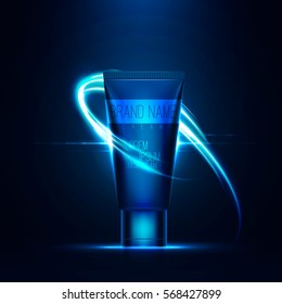 Realistic 3d Tube Of Cream Or Gel With Flare Effect . Neon Lighting Swirl . Beautiful Cosmetic Ads . Brand Presentation . Concept Of Packaging Design . Vector Illustration