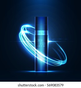 Realistic 3d tube of cream or gel with flare effect . Neon lighting swirl . Beautiful cosmetic ads . Brand presentation . Concept of packaging design . Vector illustration