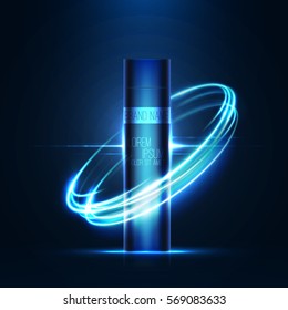 Realistic 3d tube of cream or gel with flare effect . Neon lighting swirl . Beautiful cosmetic ads . Brand presentation . Concept of packaging design . Vector illustration