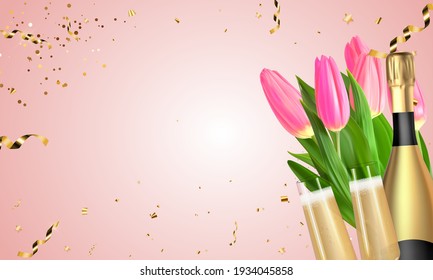 Realistic 3D Tulips, champagne Golden Bottle and Glasses on Pink background. Vector Illustration EPS10