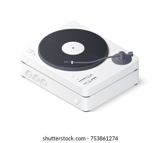 Realistic 3D turntable and amplifier isolated on white background. Isometric vector illustration