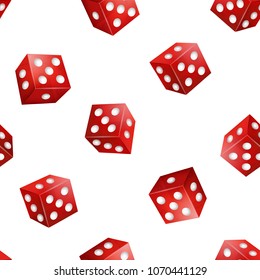Realistic 3d Two Red Casino Dice with Dot Seamless Pattern Background on White Symbol of Gambling Game, Fortune and Addiction. Vector illustration
