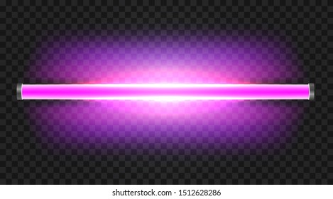 Realistic 3d ultraviolet long fluorescent light tube isolated on transparent background. Bright illuminated luminescence lamp. Vector illustration.