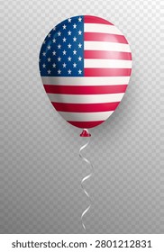 Realistic 3D USA flag balloon isolated on transparent background. Glossy helium balloon with American flag, stars and stripes design for Independence Day, patriotic celebrations and national events