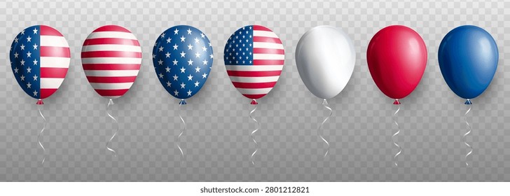 Realistic 3D USA flag balloons collection isolated on transparent background. Glossy helium balloons with American flag, stars and stripes design for Independence Day, patriotic national celebrations 