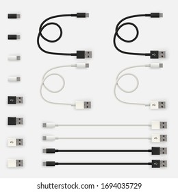 Realistic 3D USB micro cables and connectors. Set of Isolated white and black connectors. Used for mobile phone or smartphone charging or PC devices connection. Vector illustration