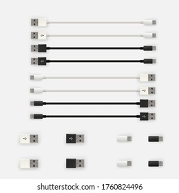 Realistic 3D USB micro cables and connectors. Set of Isolated white and black connectors. Used for mobile phone or smartphone charging or PC devices connection. Vector illustration