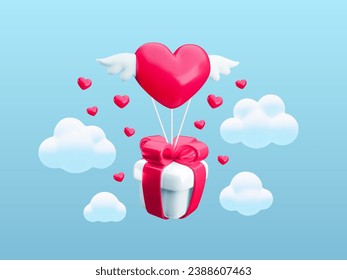 Realistic 3d Valentine's day concept, vector gift box and heart with wings flying among the clouds in blue sky. Love gift fast delivery banner. Romantic Happy Valentines Day poster design, flyer.