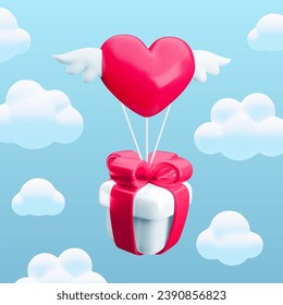 Realistic 3d Valentine's day concept, vector gift box and heart with wings flying among the clouds in blue sky. Love gift fast delivery banner. Romantic Happy Valentines Day poster design, flyer, ad.