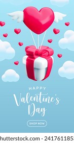 3d concepto de saludo de San Valentín realista, caja de regalo voladora vectorial y corazón con alas, nubes sobre fondo azul. Feliz Día de San Valentín venta de pancartas verticales. Diseño de afiches románticos, folleto de amor