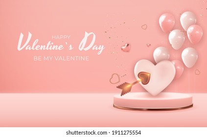 Realistic 3D Valentine's Day Holiday Gift Card Background Design. Template  for advertising, web, social media and fashion ads.  Poster, flyer, greeting card, header for website  Vector Illustration