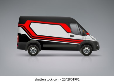 Realistic 3d Van Truck vector mockup set with wrap design for branding and corporate identity. Abstract graphics of red and black stripes background. Branding vehicle. Editable vector template