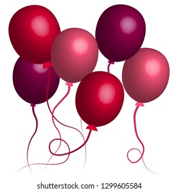 realistic 3d vector air ballons of red, pink and purple colors isolated on white backround as decorative elements for holidays such as birthday, women`s day and st valentine`s day.