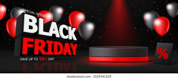 Realistic 3D Vector Black friday mega sale display stand podium banner for promotion advertising product. Balloon background for web, website, clearance shop, social media, post, ads, discount card