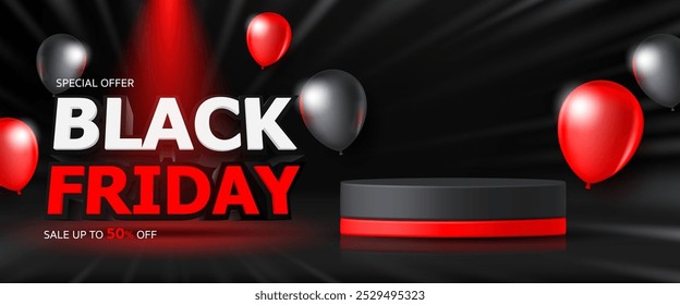 Realistische 3D Vector Black Friday Mega-Verkaufsstand Podium Banner für Werbung Produkt. Ballon Hintergrund für Web, Website, Clearingshop, Social Media, Post, Anzeigen, Discount-Karte