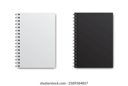 Realistic 3d vector black and white notebook mock up set with white background